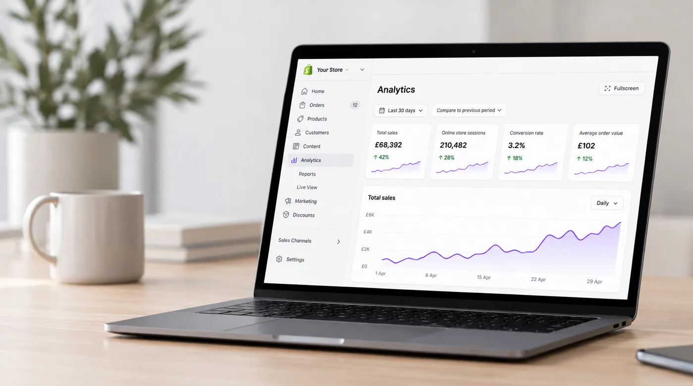 An ecommerce analytics dashboard on a laptop, shown for illustration